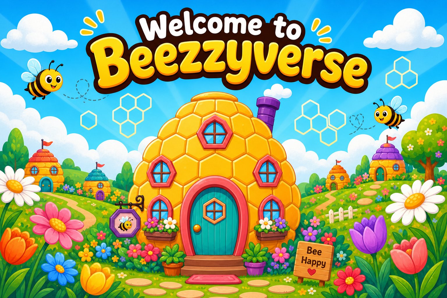 A bright BeezzyVerse welcome scene with a honeycomb house, colorful flowers, clouds, and friendly bees