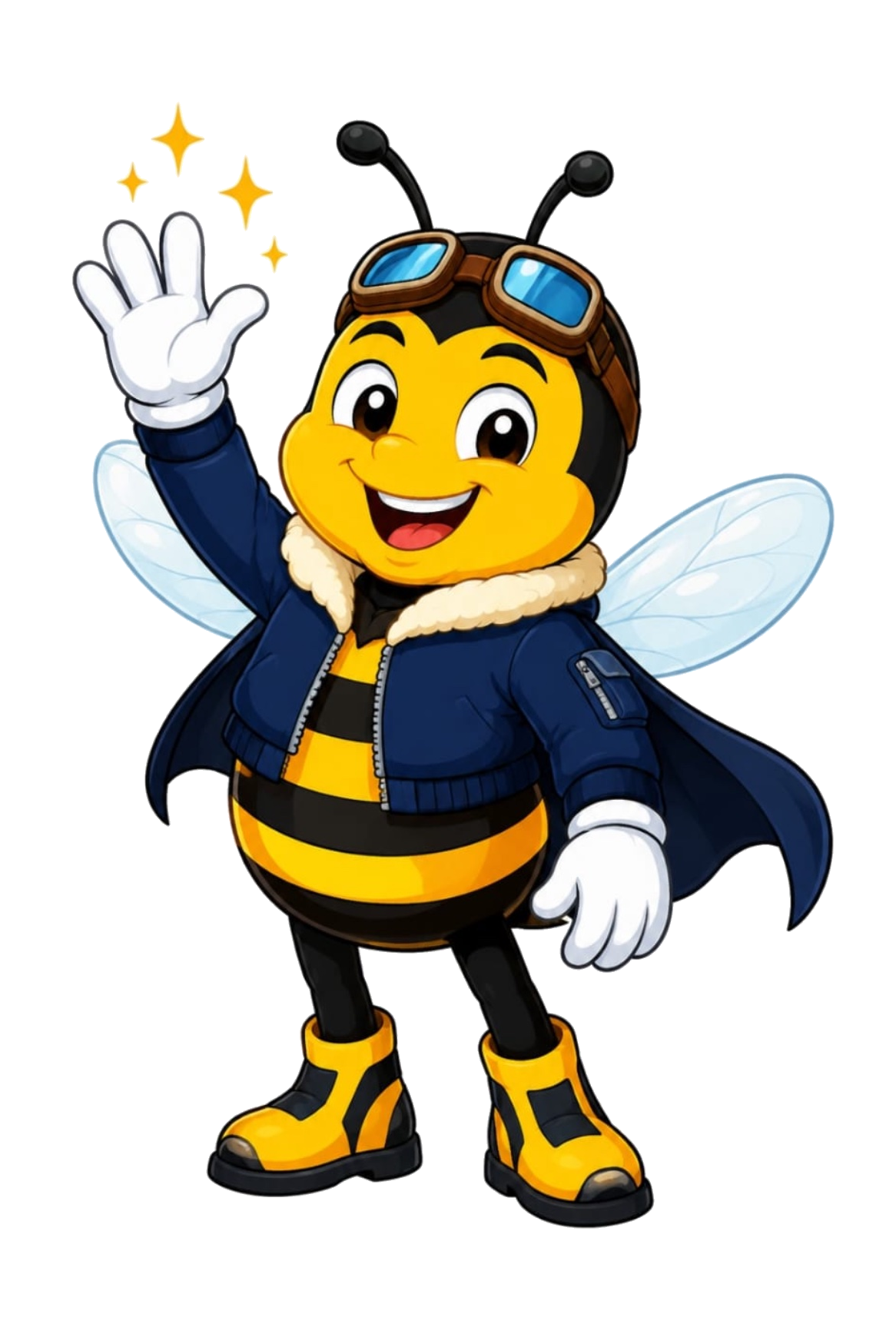 Captain Beezzy, a cheerful bee pilot in a navy jacket and goggles, waving hello
